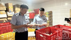Lực lượng chức năng kiểm tra tại kho hàng của chị Nguyễn Thị N. tại tổ 5, phường Thịnh Đán (TP. Thái Nguyên).