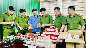 Lực lượng chức năng kiểm tra, xem xét các loại thuốc tân dược giả Ảnh: Lực lượng chức năng